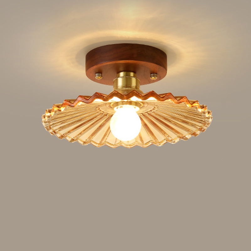 Traditional French Cone Wood Glass Copper 1-light Semi-flush Mount Ceiling Light for Living Room