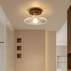 Traditional French Cone Wood Glass Copper 1-light Semi-flush Mount Ceiling Light for Living Room