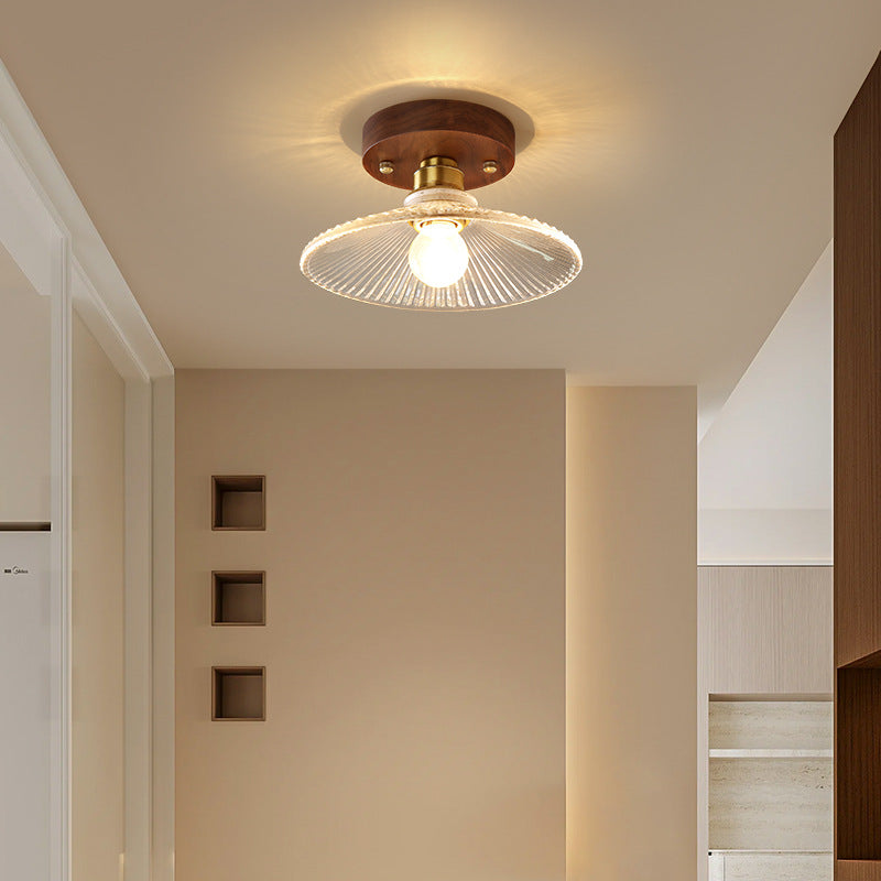 Traditional French Cone Wood Glass Copper 1-light Semi-flush Mount Ceiling Light for Living Room