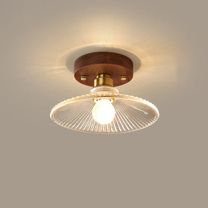 Traditional French Cone Wood Glass Copper 1-light Semi-flush Mount Ceiling Light for Living Room