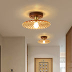 Traditional French Cone Wood Glass Copper 1-light Semi-flush Mount Ceiling Light for Living Room