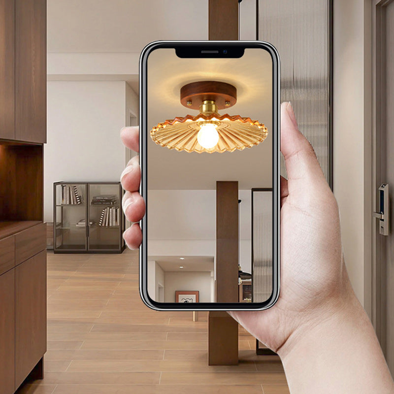 Traditional French Cone Wood Glass Copper 1-light Semi-flush Mount Ceiling Light for Living Room