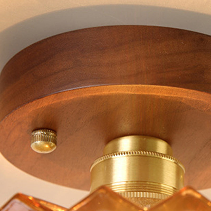 Traditional French Cone Wood Glass Copper 1-light Semi-flush Mount Ceiling Light for Living Room