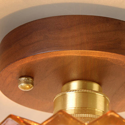 Traditional French Cone Wood Glass Copper 1-light Semi-flush Mount Ceiling Light for Living Room