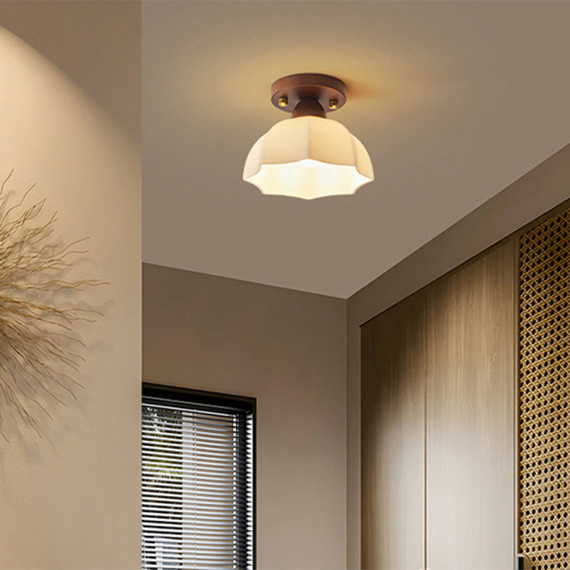 Traditional Vintage Dome Iron Wood Glass 1-light Semi-flush Mount Ceiling Light for Living Room