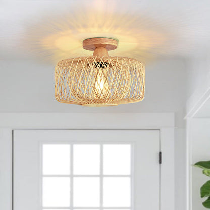 Traditional Chinese Round Wood Rattan 1-light Semi-flush Mount Ceiling Light for Living Room