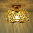 Traditional Chinese Round Wood Rattan 1-light Semi-flush Mount Ceiling Light for Living Room
