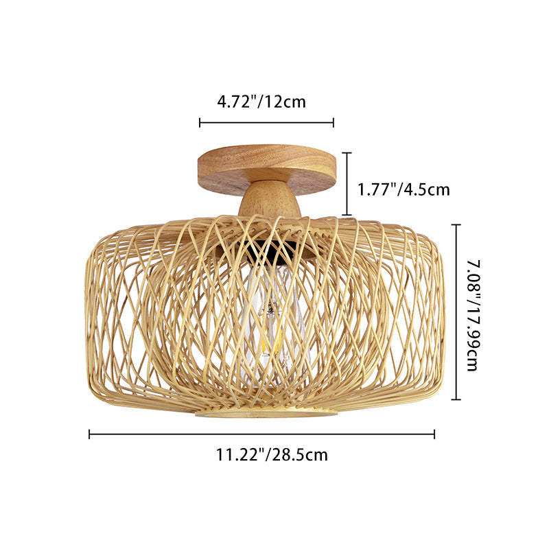 Traditional Chinese Round Wood Rattan 1-light Semi-flush Mount Ceiling Light for Living Room