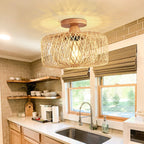 Traditional Chinese Round Wood Rattan 1-light Semi-flush Mount Ceiling Light for Living Room
