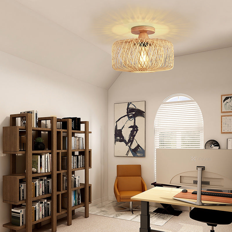 Traditional Chinese Round Wood Rattan 1-light Semi-flush Mount Ceiling Light for Living Room