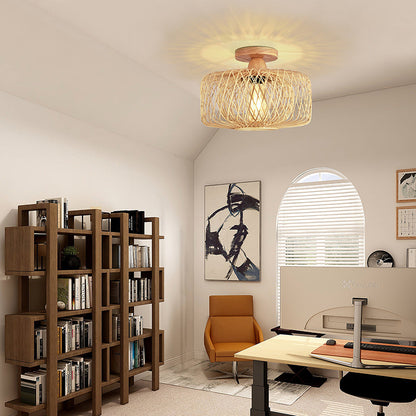Traditional Chinese Round Wood Rattan 1-light Semi-flush Mount Ceiling Light for Living Room