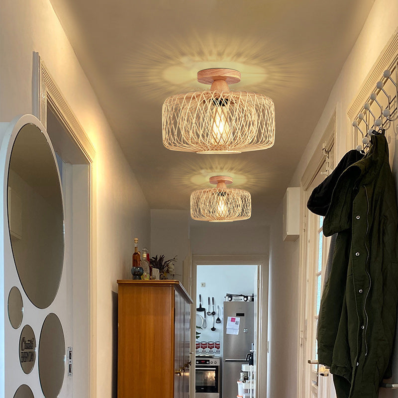 Traditional Chinese Round Wood Rattan 1-light Semi-flush Mount Ceiling Light for Living Room
