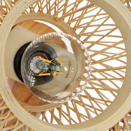 Traditional Chinese Round Wood Rattan 1-light Semi-flush Mount Ceiling Light for Living Room