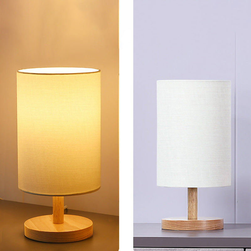 Traditional Japanese Cylinder Wood Fabric 1-Light Table Lamp For Living Room Lumendat