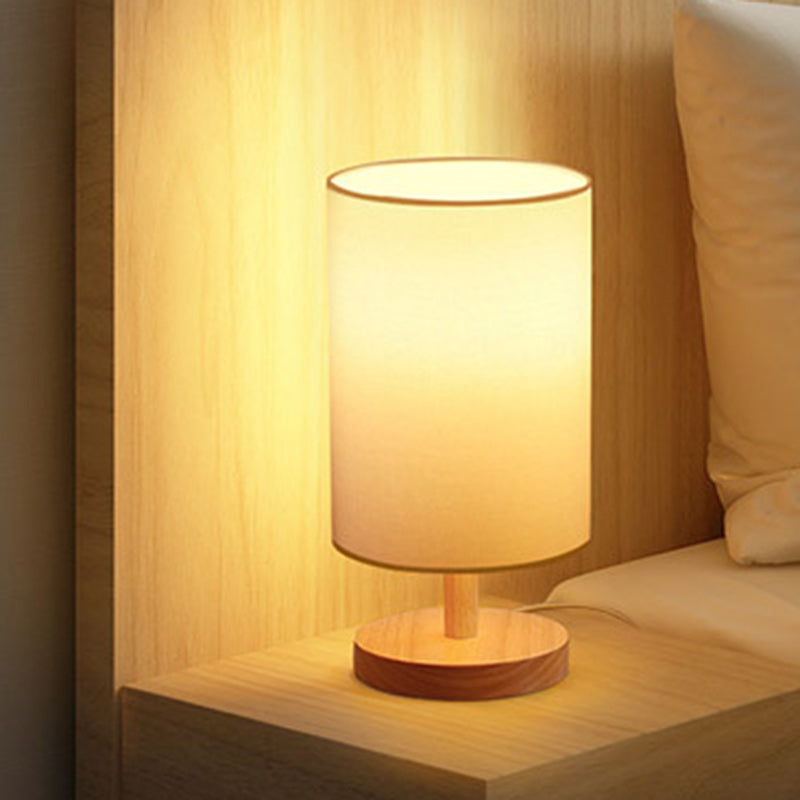 Traditional Japanese Cylinder Wood Fabric 1-Light Table Lamp For Living Room Lumendat