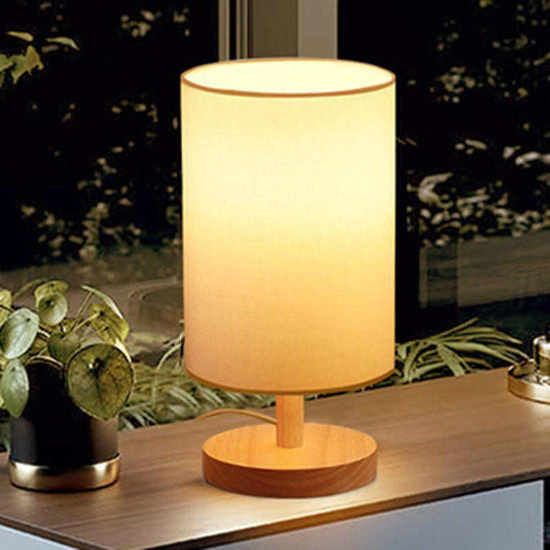 Traditional Japanese Cylinder Wood Fabric 1-Light Table Lamp For Living Room Lumendat