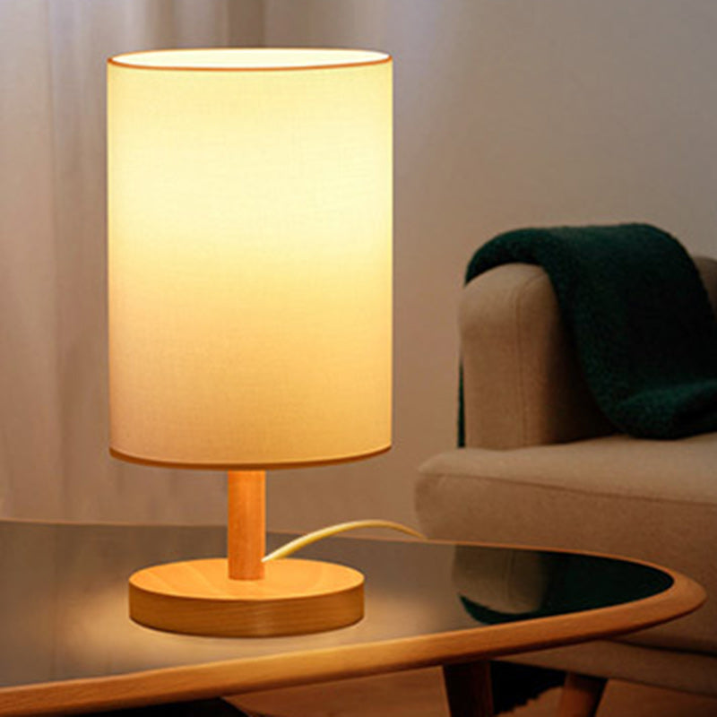 Traditional Japanese Cylinder Wood Fabric 1-Light Table Lamp For Living Room Lumendat