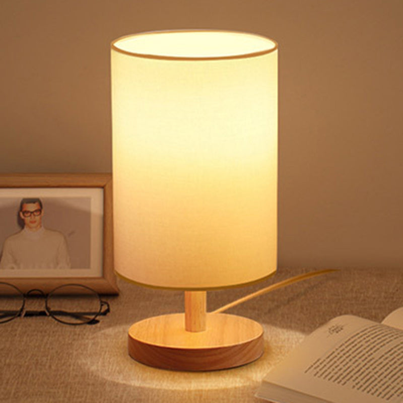 Traditional Japanese Cylinder Wood Fabric 1-Light Table Lamp For Living Room Lumendat