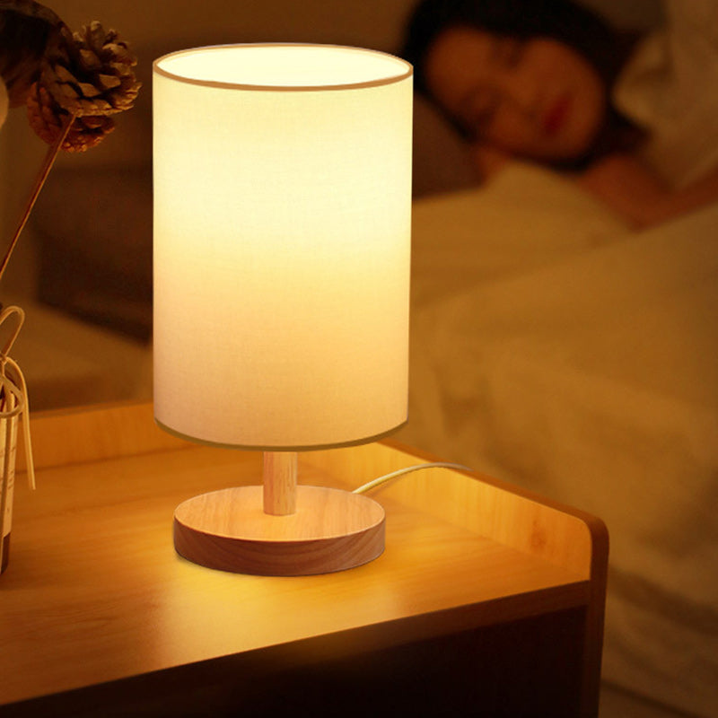 Traditional Japanese Cylinder Wood Fabric 1-Light Table Lamp For Living Room Lumendat