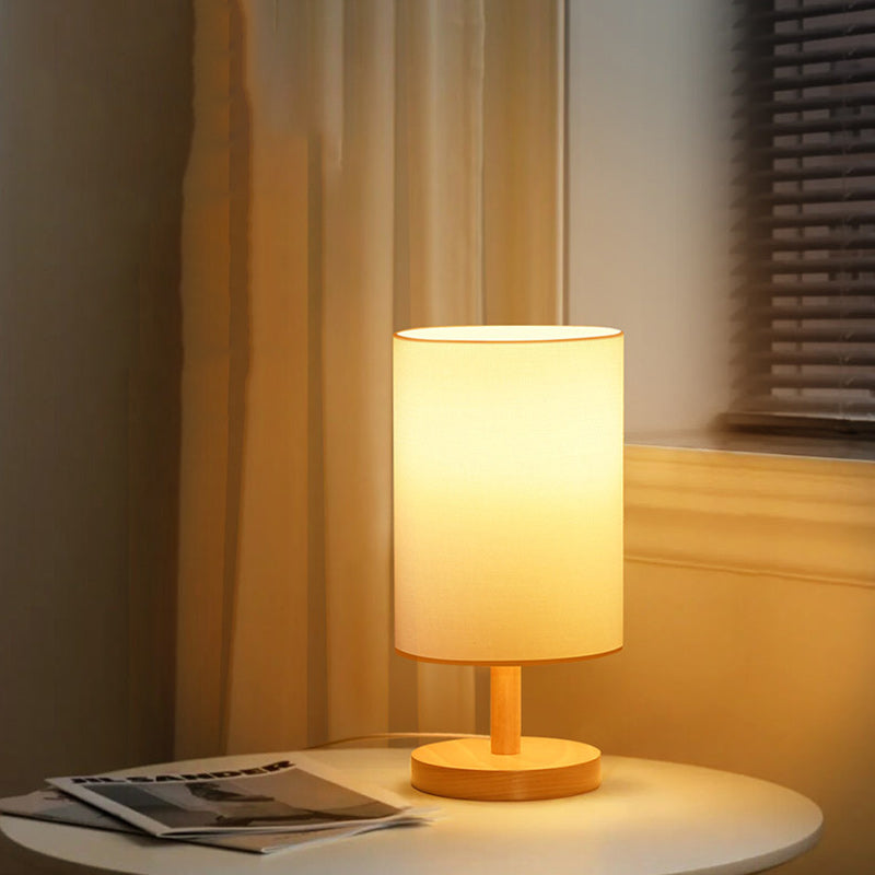 Traditional Japanese Cylinder Wood Fabric 1-Light Table Lamp For Living Room Lumendat