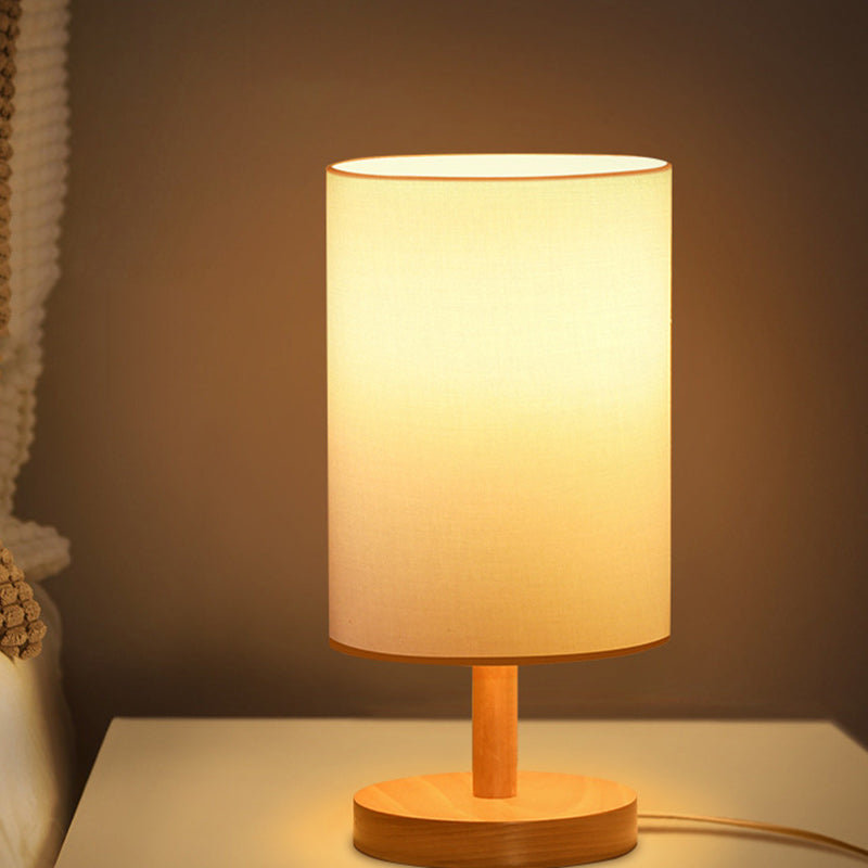 Traditional Japanese Cylinder Wood Fabric 1-Light Table Lamp For Living Room Lumendat