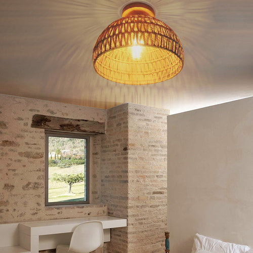 Traditional Japanese Dome Wood Rattan 1-light Semi-flush Mount Ceiling Light for Living Room