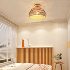 Traditional Japanese Dome Wood Rattan 1-light Semi-flush Mount Ceiling Light for Living Room