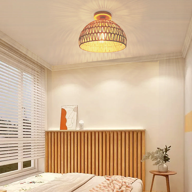 Traditional Japanese Dome Wood Rattan 1-light Semi-flush Mount Ceiling Light for Living Room
