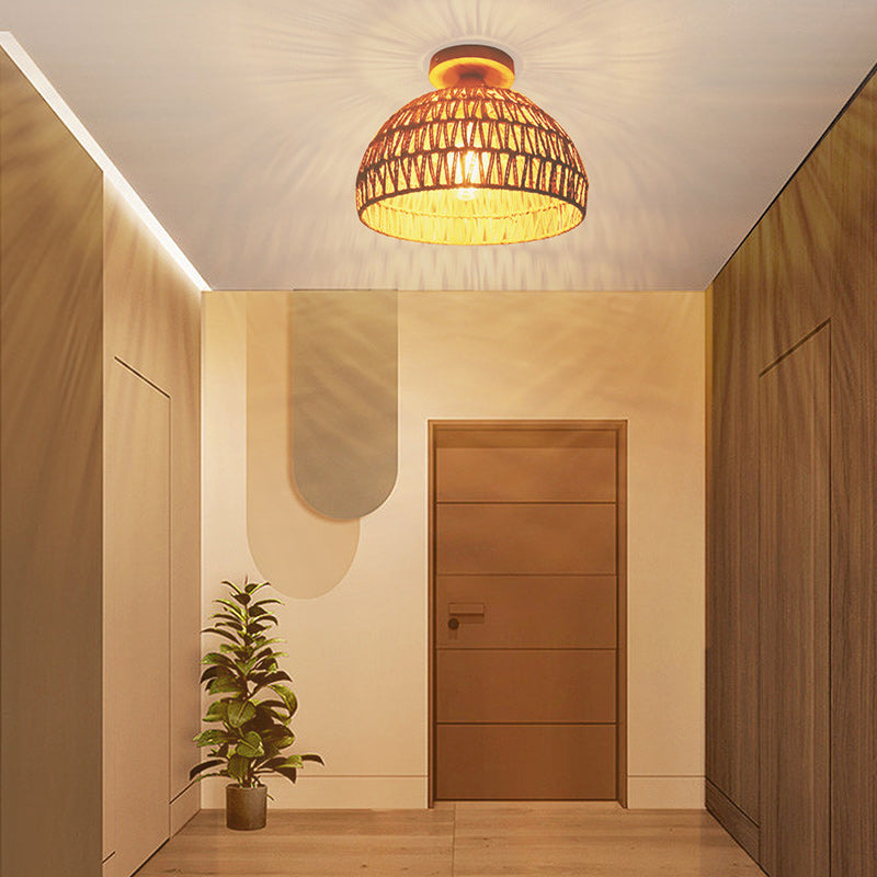 Traditional Japanese Dome Wood Rattan 1-light Semi-flush Mount Ceiling Light for Living Room