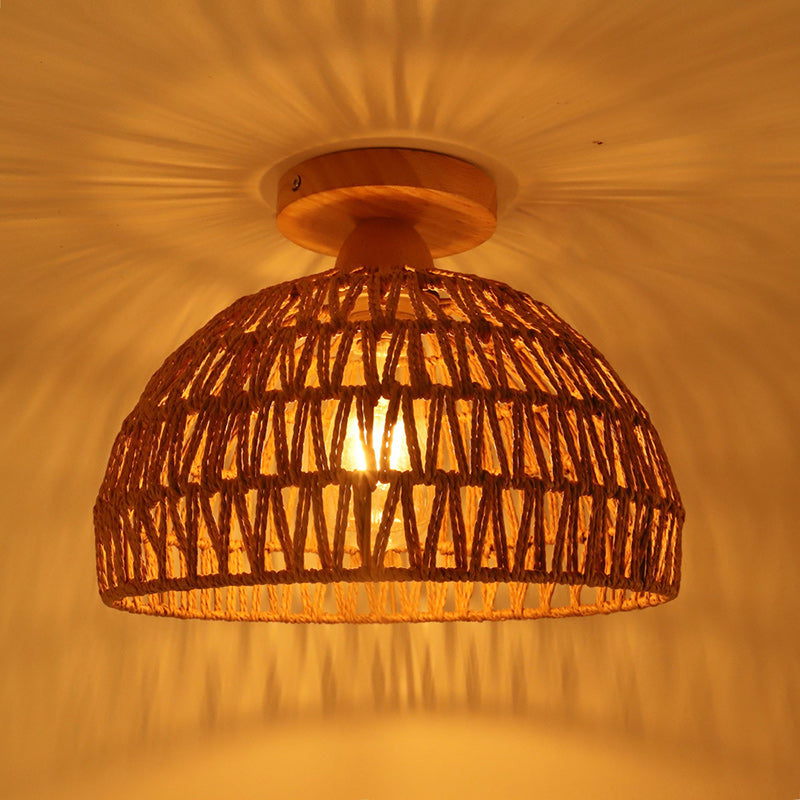 Traditional Japanese Dome Wood Rattan 1-light Semi-flush Mount Ceiling Light for Living Room