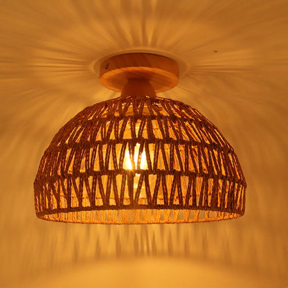 Traditional Japanese Dome Wood Rattan 1-light Semi-flush Mount Ceiling Light for Living Room