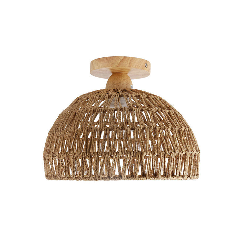 Traditional Japanese Dome Wood Rattan 1-light Semi-flush Mount Ceiling Light for Living Room
