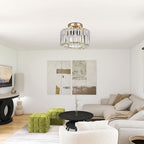 Contemporary Luxury Cylinder Steel Crystal 1-Light Semi-Flush Mount Ceiling Light For Living Room