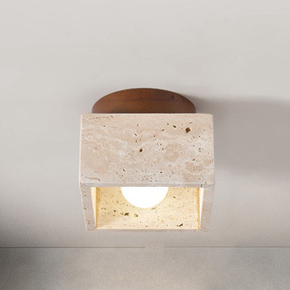 Traditional Japanese Round Square Stone Wood 1-light Semi-flush Mount Ceiling Light for Living Room