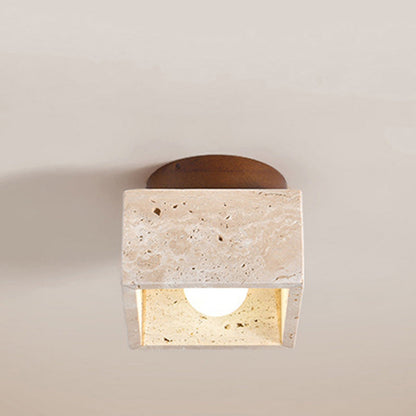 Traditional Japanese Round Square Stone Wood 1-light Semi-flush Mount Ceiling Light for Living Room