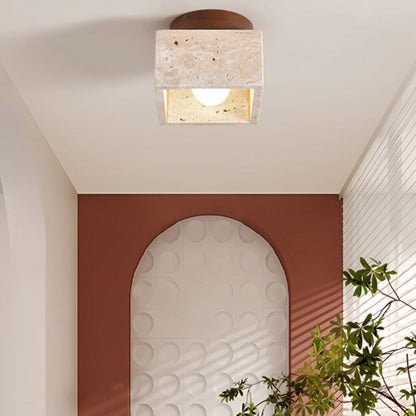 Traditional Japanese Round Square Stone Wood 1-light Semi-flush Mount Ceiling Light for Living Room