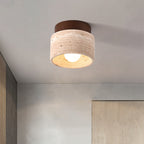 Traditional Japanese Round Square Stone Wood 1-light Semi-flush Mount Ceiling Light for Living Room