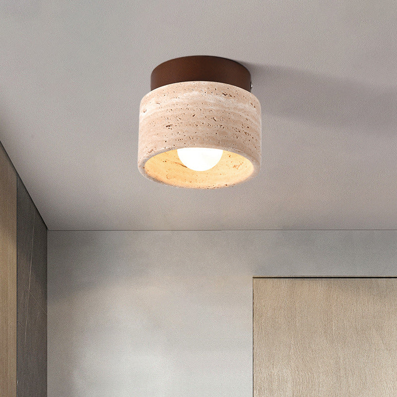 Traditional Japanese Round Square Stone Wood 1-light Semi-flush Mount Ceiling Light for Living Room