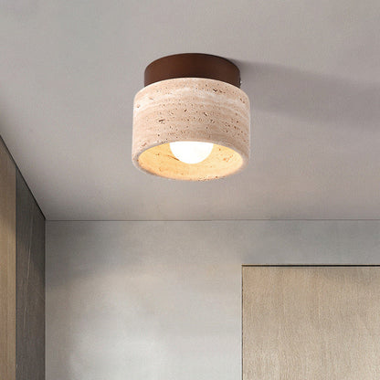 Traditional Japanese Round Square Stone Wood 1-light Semi-flush Mount Ceiling Light for Living Room