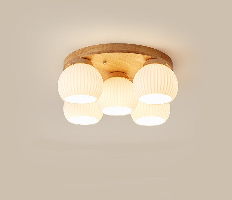 Contemporary Nordic Round Wood Glass 5-Light Semi-Flush Mount Ceiling Light For Living Room