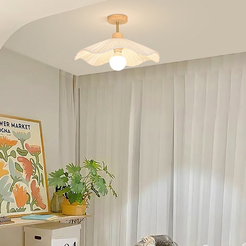 Contemporary Coastal Wave Wood Fabric 1-light Semi-flush Mount Ceiling Light for Living Room