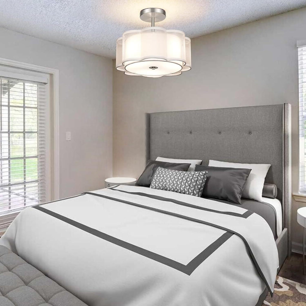 Modern Transitional Flower Iron Fabric 1-Light Semi-Flush Mount Ceiling Light For Living Room