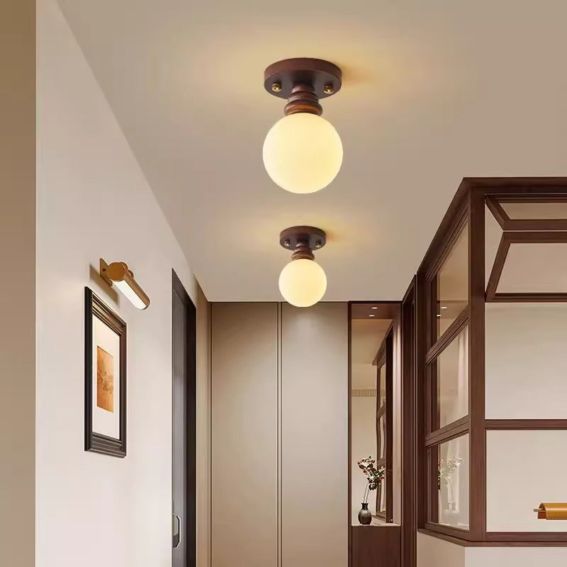 Traditional Japanese Oval Wood Glass 1-light Semi-flush Mount Ceiling Light for Living Room