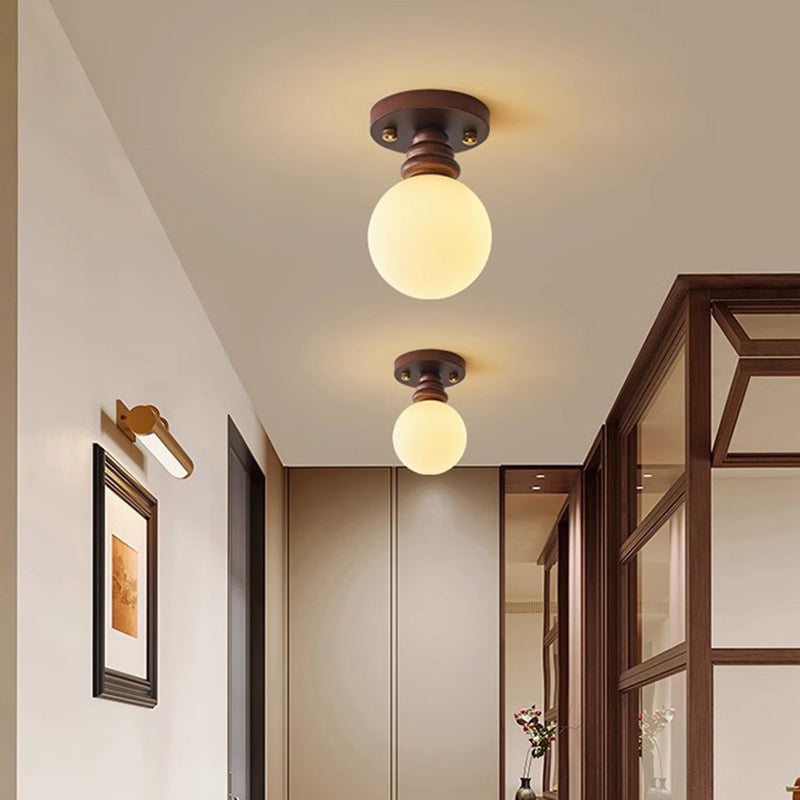 Traditional Japanese Oval Wood Glass 1-light Semi-flush Mount Ceiling Light for Living Room