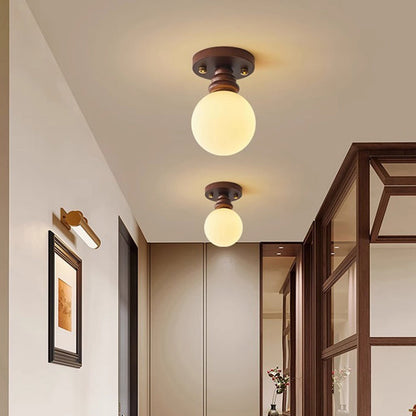 Traditional Japanese Oval Wood Glass 1-light Semi-flush Mount Ceiling Light for Living Room