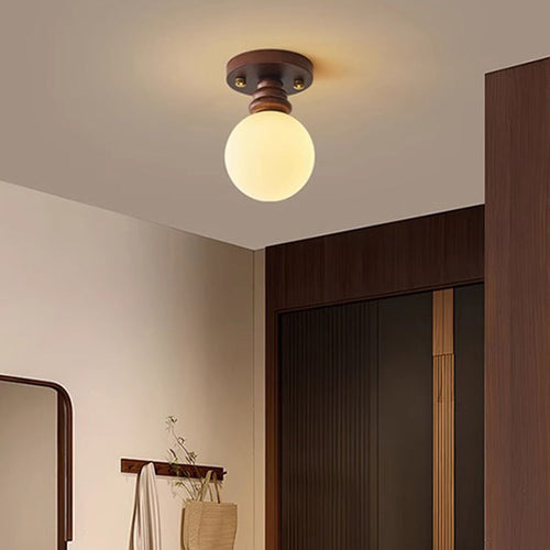 Traditional Japanese Oval Wood Glass 1-light Semi-flush Mount Ceiling Light for Living Room