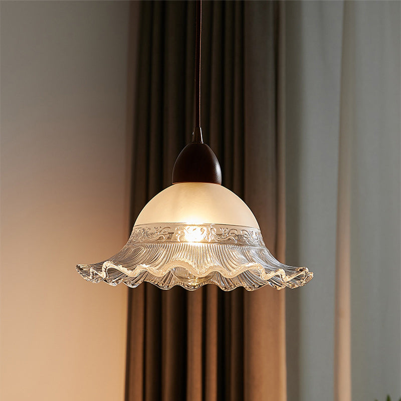 Traditional Japanese Dome Copper Wood Glass 1-light Pendant Light for Living Room