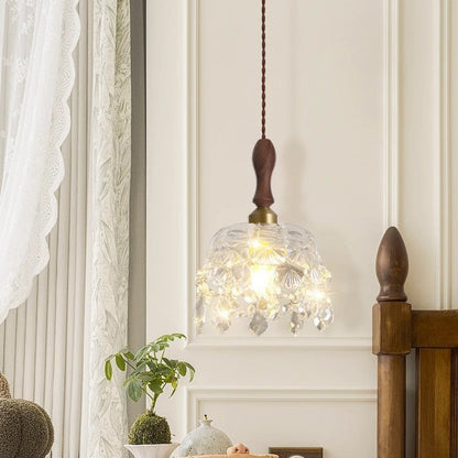 Traditional French Teardrop Copper Wood Glass 1-Light Pendant Light For Living Room