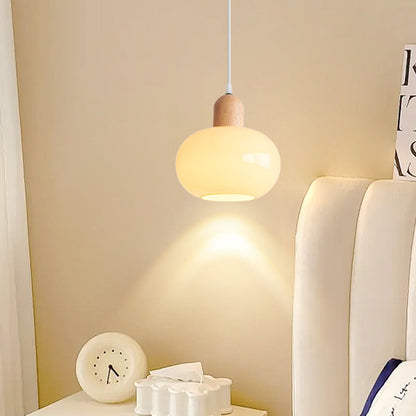 Contemporary Nordic Round Wood Glass 1-light Pendant Light for Living Room