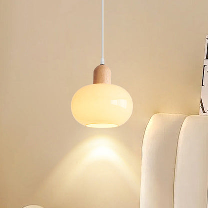 Contemporary Nordic Round Wood Glass 1-light Pendant Light for Living Room